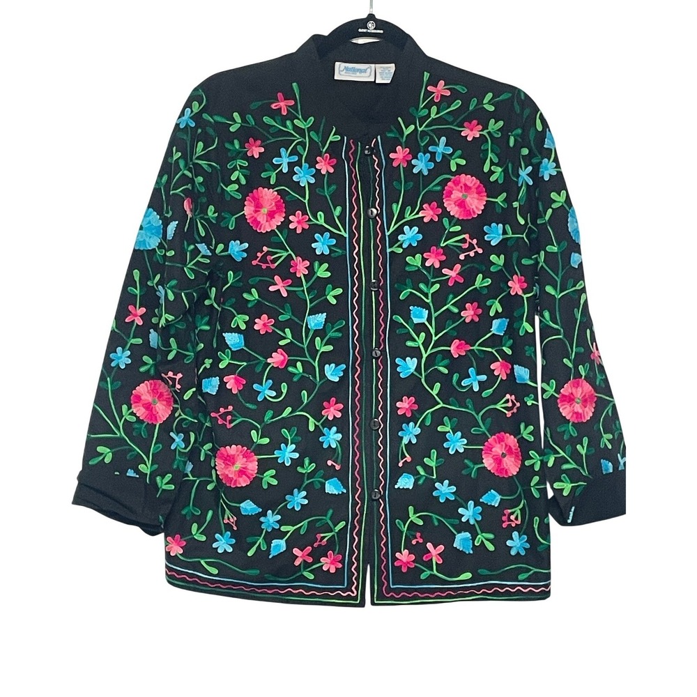 Vintage Y2K National Embroidered Floral Cotton Black Shirt Jacket Women's M